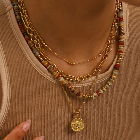 Collana Multistrato Acciaio Inossidabile Perline Pietra Naturale Pendente Angelo Impermeabile Ipoallergenico Oro Donna