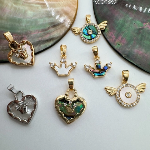 Hart Kroon Engel Vleugels DIY Ketting Hangers 18K Verguld Koper Natuurlijk Kunstparelmoer Abalone Schelp Zirkoon