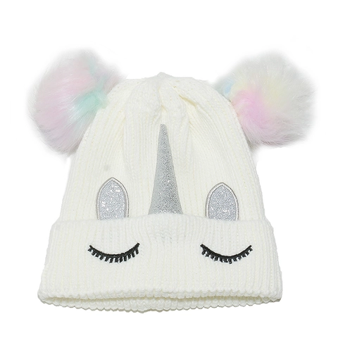 Kinder Einhorn Strickmütze Beanie Mit Regenbogen Kunstpelz Bommeln Pailletten Horn Und Wimpern Stickerei Winter Warm