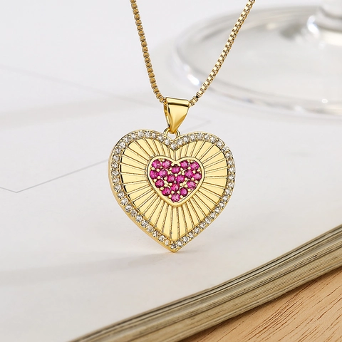 Heart Pendant Necklace Elegant Multi Colored Zircon Copper Clavicle Chain Minimalist Jewelry Gift For Women Gold Plated