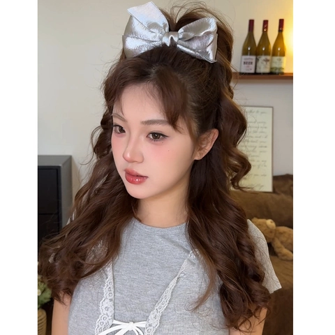 Pinza Para El Cabello Con Lazo Multi Capa Tela De Satén Brillo Metálico Soporte Para Moño Horquilla Elegante Para Mujeres