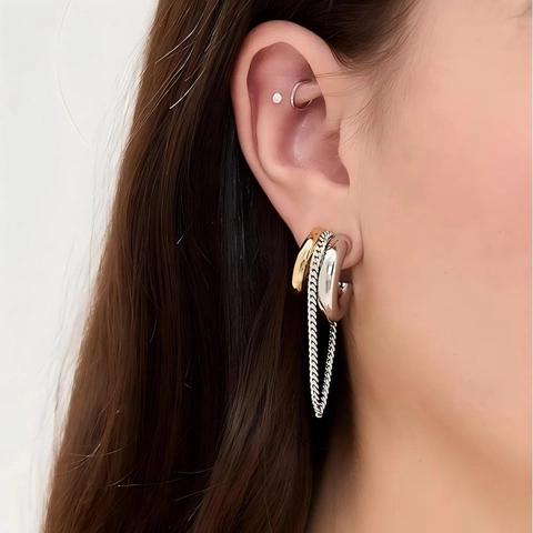 Orecchini A Lobo A Forma Di C Da Donna In Acciaio Inossidabile Placcato Oro 18K Bicolore Geometrico Catena Gioielli