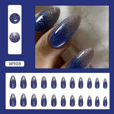 Blau Silber Farbverlauf Glitzer Aufpressnägel Lange Mandel Künstliche Falsche Nägel Glänzendes Galaxie Design