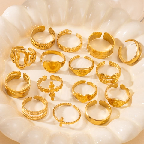 18K Gold Plated Titanium Steel Rings For Women Adjustable Open Geometric Vintage Heart Eye Sun Cross Bohemian Jewelry