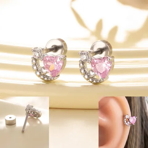 Pink Heart Zircon Crescent Moon Stud Earrings Stainless Steel Screw Back Cartilage Piercing Jewelry For Women Girls