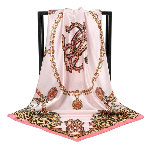 Women Square Scarf Simulated Satin Satin Leopard Print Gold Chain Baroque Print Retro Fashion Shawl Large