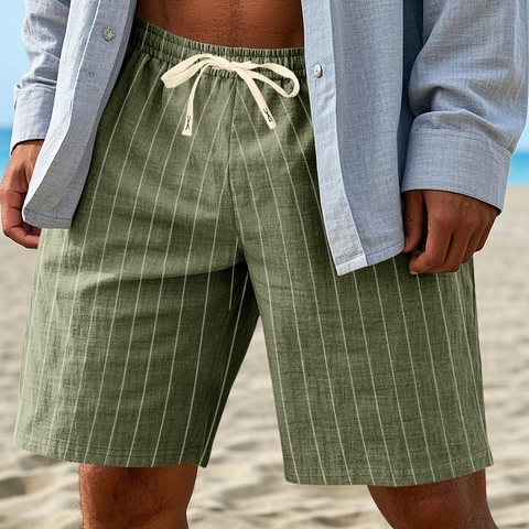 Men Casual Shorts Linen Blend Vertical Striped Elastic Drawstring Waist Summer Beach Fashion Breathable Bottoms