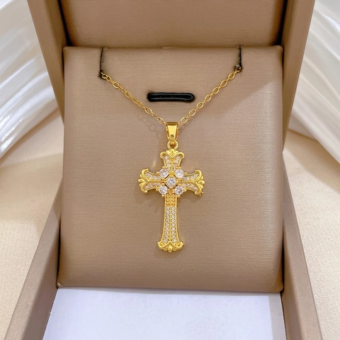 Collana Pendente Croce Strass Zircone Catena Acciaio Inossidabile Rame Elegante Gioielli Lusso Per Donna Placcato Oro