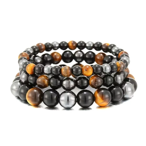 Natural Tiger Eye Hematite Black Agate Beaded Bracelet Round Stone Elastic Healing Jewelry For Men Women Couple