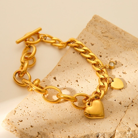 Herz Anhänger Armband Edelstahl 18K Vergoldet Zirkonia Gliederkette Knebelverschluss Modeschmuck