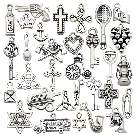 Ciondoli In Lega Argento Antico Pendenti Varietà Mista Creazione Gioielli Vintage Per Collana Bracciale Portachiavi Croce Cuore Chiave