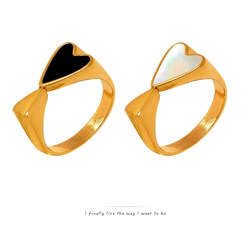 Anello Doppio Cuore Amore Acciaio Al Titanio Placcato Oro Gioielli Di Moda Coreana Minimalista Per Donne Con Conchiglia Bianca E Acrilico Nero