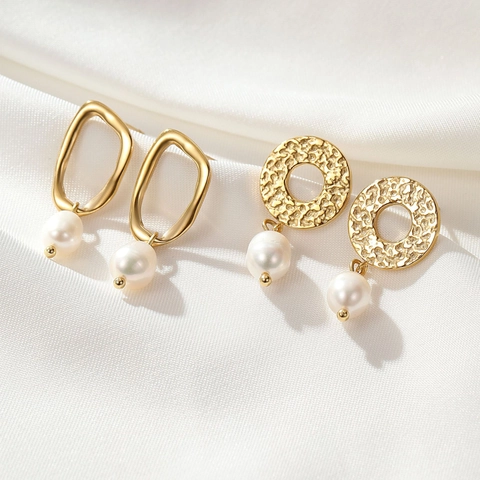 Stainless Steel Freshwater Pearl Drop Earrings Geometric Irregular Hoop Hammered Vintage Style Gold Tone Women Jewelry