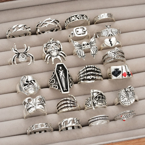 Gothic Retro Punk Alloy Ring Set For Men Women Skull Bat Spider Skeleton Finger Rings Halloween Party Jewelry