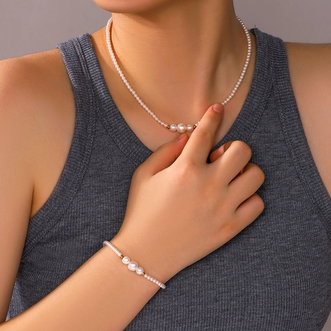 Collana E Bracciale Di Künstliche Perle Acciaio Inossidabile Placcato Oro 18K Gioielli Minimalisti Per Donne