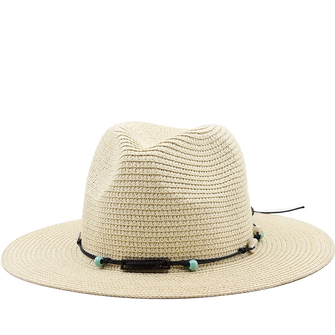Fedora Straw Hat Paper Breathable Sun Protection Summer Beach Bohemian Style With Bead Shell Decor For Men Women