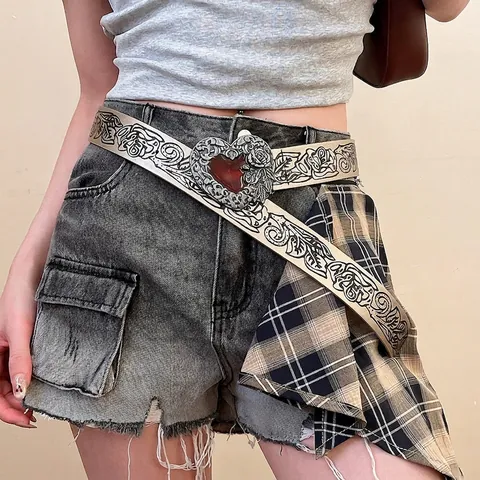 Damen Vintage Kunstleder Gürtel Mit Herzförmiger Emaille Allyschnalle Rose Blumenmuster Distressed Y2K Gothic Taillengürtel
