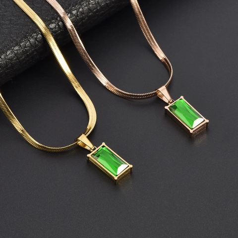 Titanium Stalen Sieraden Met Rechthoekige Groene Edelsteen Geometrische Ketting En Oorknopjes Voor Dames