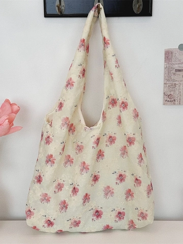 Floral Embroidered Canvas Tote Bag Large Capacity Women Shoulder Handbag Korean Style Cotton Linen Casual Commute