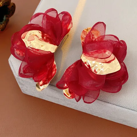 Oversized 3D Chiffon Flower Earrings With Hammered Metal Center And Silver Earring Post Vintage Vacation Jewelry For Women
