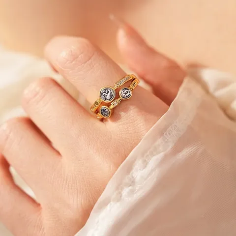 Vintage Coin Open Ring For Women Copper With Zircons Geometric Relief Three Round Discs Adjustable Retro Jewelry Gift