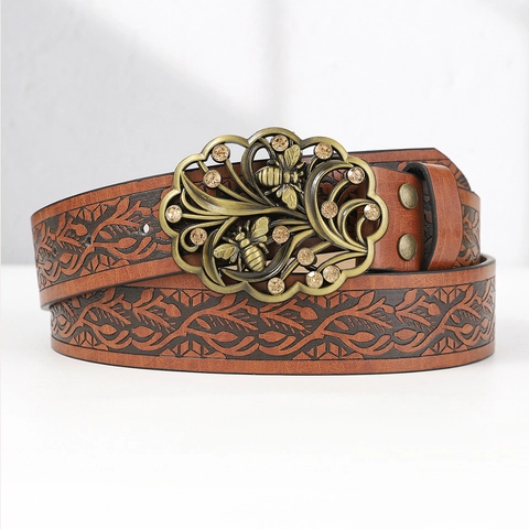 Cintura Boemia Retrò Da Donna In Pelle PU Motivo Floreale Goffrato Fibbia Ape Fiore Lega Strass Stile Western