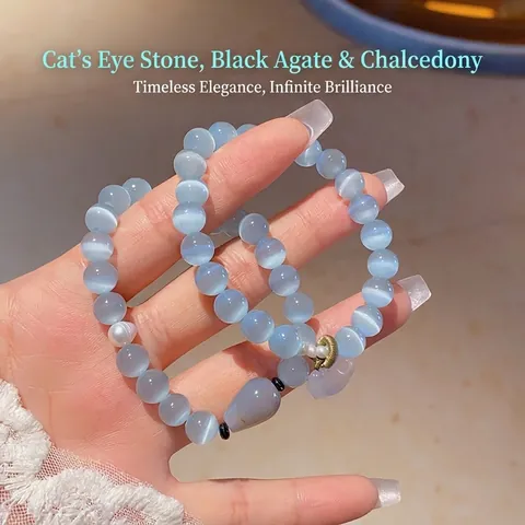 Cat Eye Stone Beaded Bracelet With Chalcedony Agate Artificial Pearl Charm Fresh Sweet Style For Women Fashion Accessory