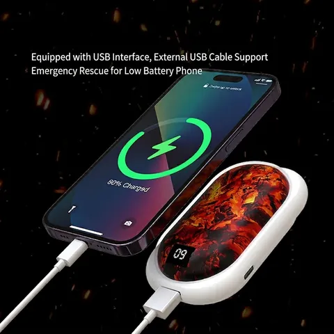 Portable Electric Hand Warmer With Charcoal Flame Effect LED Display Digital Power Bank Rechargeable Pocket Heater Atmosphere Lamp Winter Gift
