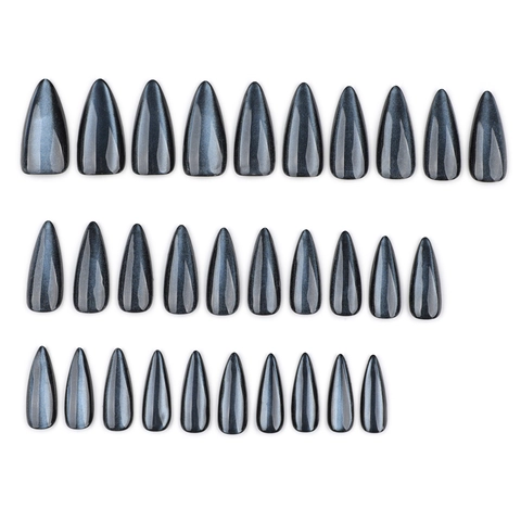 Dunkelblaue Magnetische Katzenauge Press On Nails Stiletto Mandelform Glänzende Schimmernde Künstliche Falsche Fingernägel Frauen