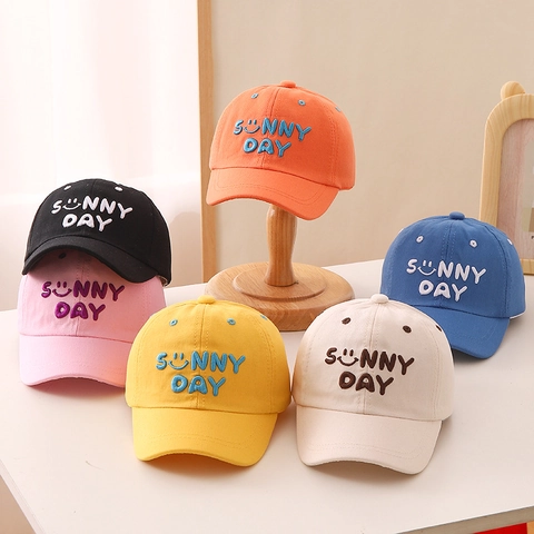 Kids Baseball Cap Cotton Sunny Day Letter Embroidery Smiley Face Sun Hat For Boys Girls Adjustable Soft Breathable