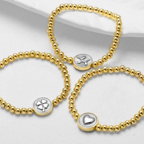 18K Gold Plated Copper Beaded Elastic Bracelet Trendy Heart Clover Dollar Sign Balloon Dog Charm Fashion Jewelry For Women