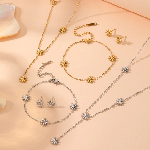 Small Daisy Flower Necklace Bracelet Earrings Jewelry Stainless Steel Tassel Pendant Ins Style Fashion Women Accessories