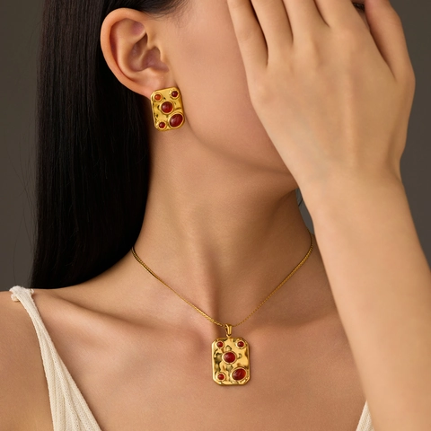Vintage Stainless Steel Natural Stone Pendant Necklace Geometric Rectangular Stud Earrings Set Exotic Fashion Jewelry For Women