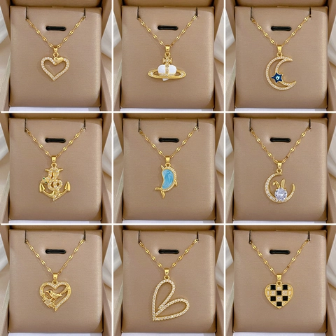 Luxury Stainless Steel Necklace With Zircon Copper Pendant Geometric Animal Flower Wedding Banquet Party Jewelry