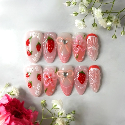 Press On Nails Strawberry Artificial Pearl 3D Bow French Almond Shape Sweet Girly ABS Plastic Artificial False Nails