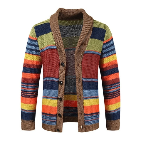 Men Rainbow Striped Knitted Cardigan Shawl Collar Thick Long Sleeve Button Down Polyester Cotton Sweater Top For Winter