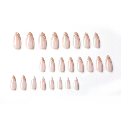 Uñas Postizas Largas Almendradas Estilo Francés Rosa Nude Líneas Onduladas Blancas Uñas Artificiales Elegantes Manicura Mujer