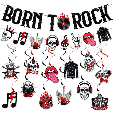 Decoraciones De Fiesta De Rock And Roll Cartón Purpurina Born To Rock Pancarta Remolinos Colgantes Tema Música Cumpleaños