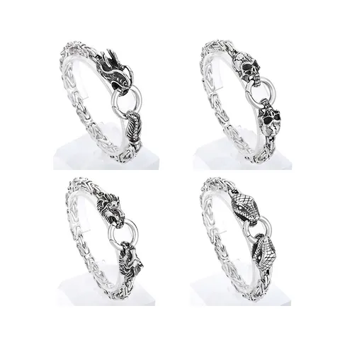 Pulsera De Cadena Bizantina Para Hombre Acero Inoxidable León Serpiente Dragón Calavera Punk Gótico Joyería Streetwear