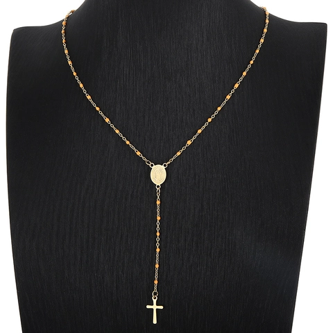 Collar De Rosario De Acero Inoxidable Con Cuentas De Esmalte Medalla Virgen María Colgante De Cruz Cadena Larga En Y