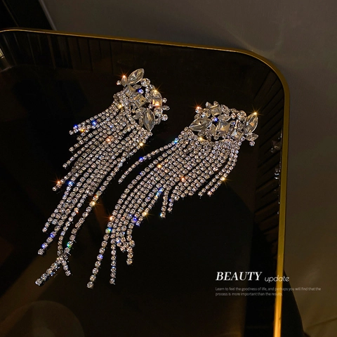 Lange Kwastje Oorbellen Met Strass Bloem En Legering Met Zilveren Oorsteker Elegante Bruiloft Sieraden Voor Vrouwen