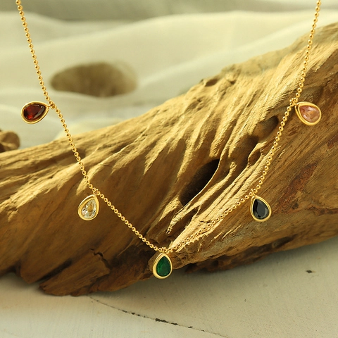 Collana A Catena Con Sfere In Acciaio Inossidabile Placcato Oro 18K Con Pendenti In Zircone Colorato Gioielli Alla Moda