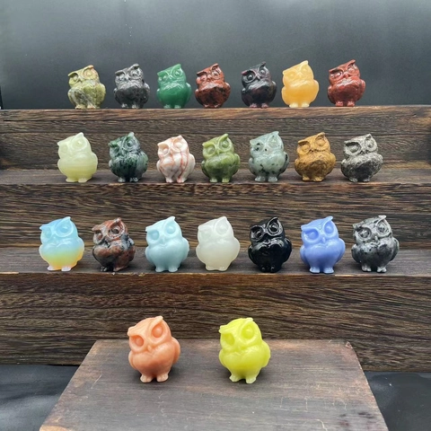 Natural Crystal Gemstone Owl Figurine Hand Carved Animal Statue Mini Desktop Decor Healing Stone Ornament Multi Color