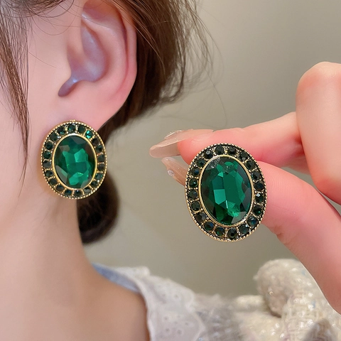 Vintage French Oval Emerald Rhinestone Stud Earrings With Silver Earring Post Elegant Geometric Jewelry For Women