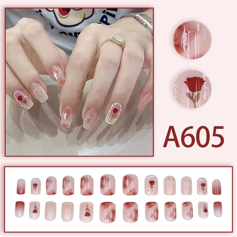 French Style Press On Nails Rose Floral Pattern Gradient Pink Silver Wire Artificial Nails For Women