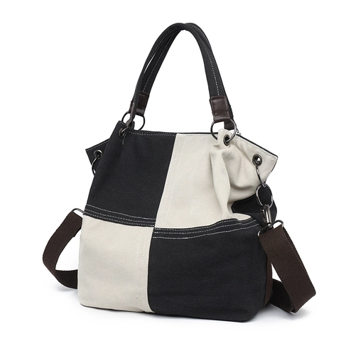 Women Patchwork Canvas Tote Bag Retro Color Block Shoulder Bag Large Capacity Crossbody Bag For Casual Commuter Work