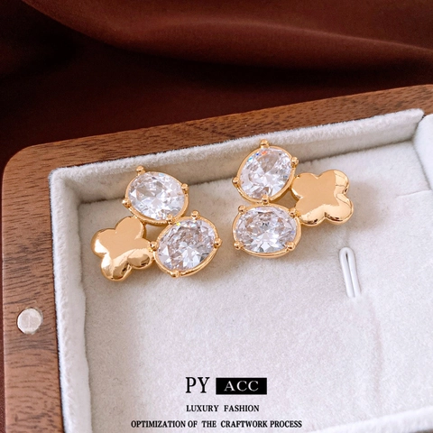 Orecchini A Lobo Fiore Rame Placcato Oro 18K Zirconia Cubica Stile Francese Lusso Delicato Per Donne Con Perno In Argento