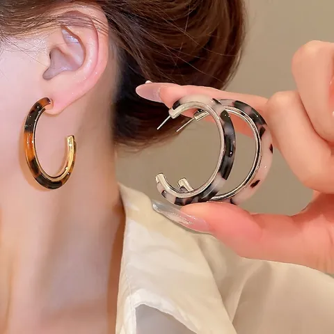 C-Shape Hoop Stud Earrings Resin And Alloy With 925 Sterling Silver Earring Post Vintage Retro Tortoise Shell For Women