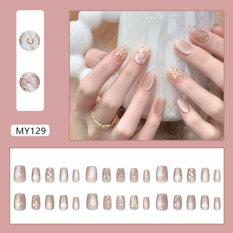 Pink Cat Eye Press On Nails With Bowknot Rhinestone And Artificial Pearl Decoration Short Square ABS False Nails For Women