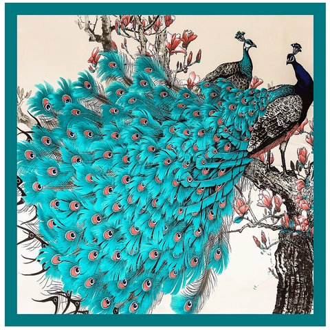 Elegant Peacock Floral Print Square Scarf Faux Satin Satin Lightweight Smooth Neck Head Wrap Travel Fashion Accessory For Women